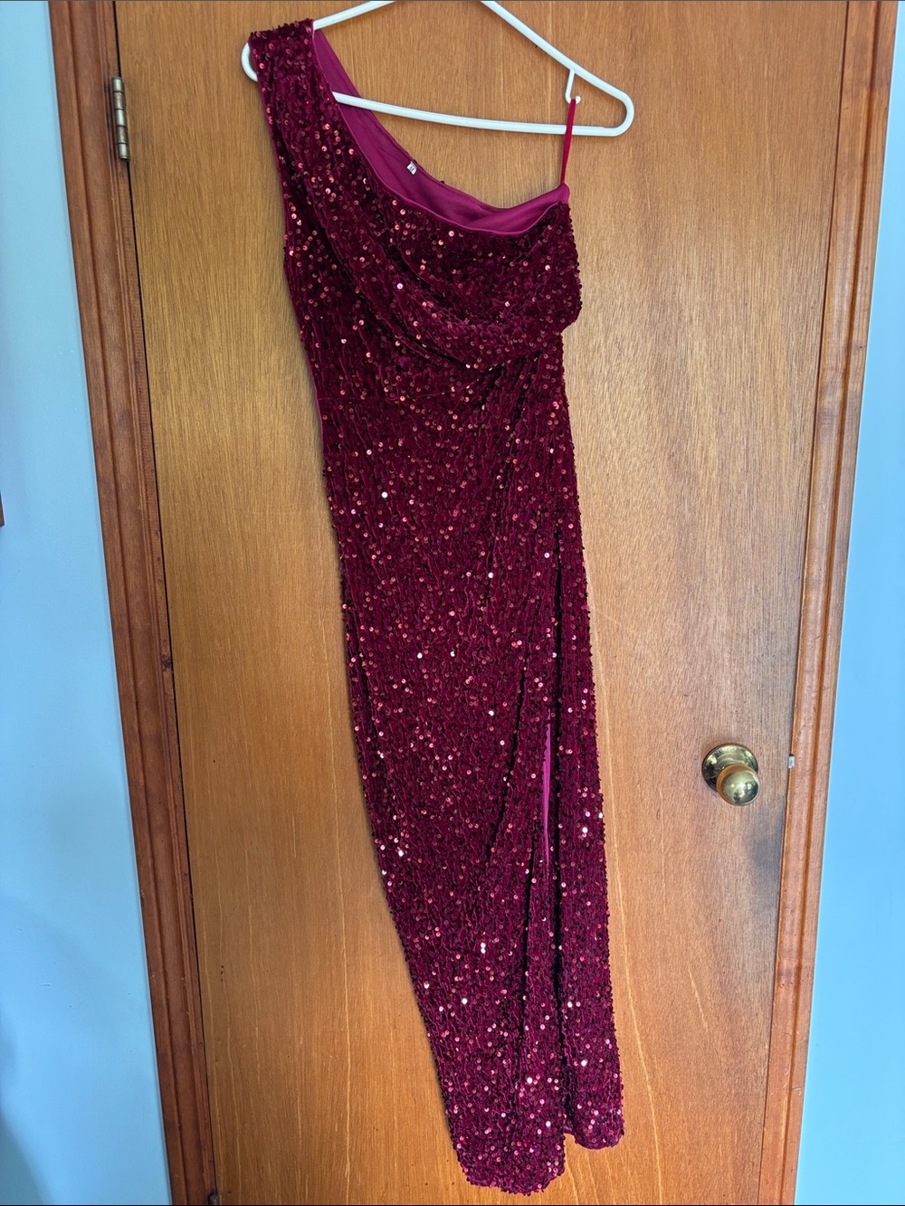 Sequin One-Shoulder Evening Dress in Burgundy